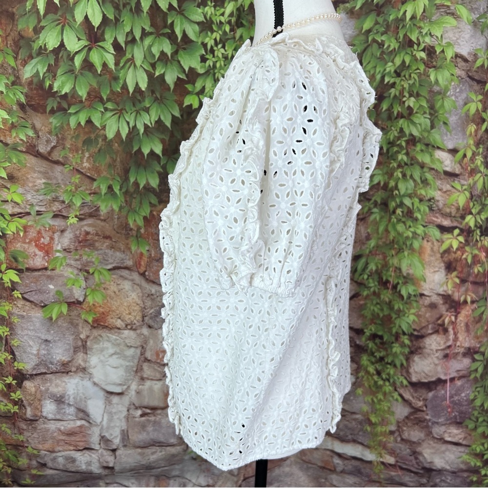 RACHEL PARCELL Cottagecore White Eyelet Ruffle Accent Puff Sleeve Summe Blouse M - Picture 5 of 10